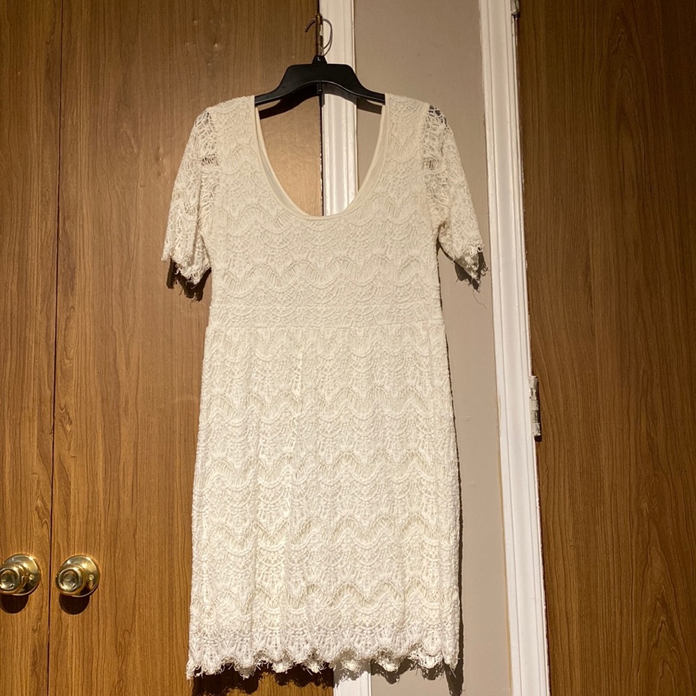 White Lace Overlay Sheath Dress , below the knees, used once, semi-wedding dress